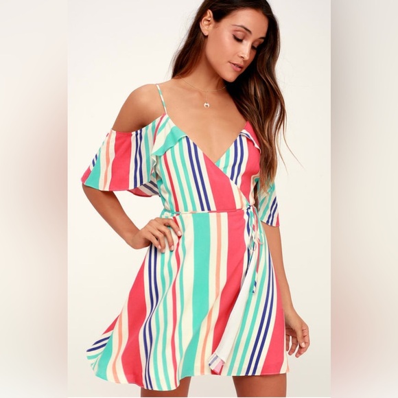 Lulu's Caliente Multi Striped Off-the-Shoulder Wrap Dress size medium - Picture 1 of 9